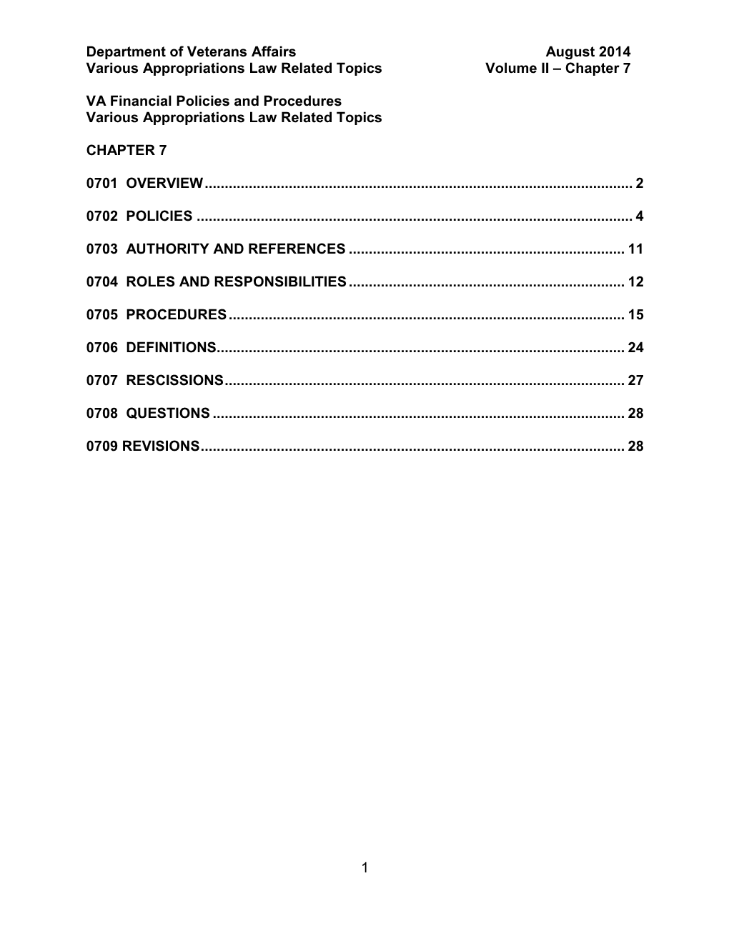 VA Financial Policy Volume II, Chapter 7, Various Appropriations Law Related Topics