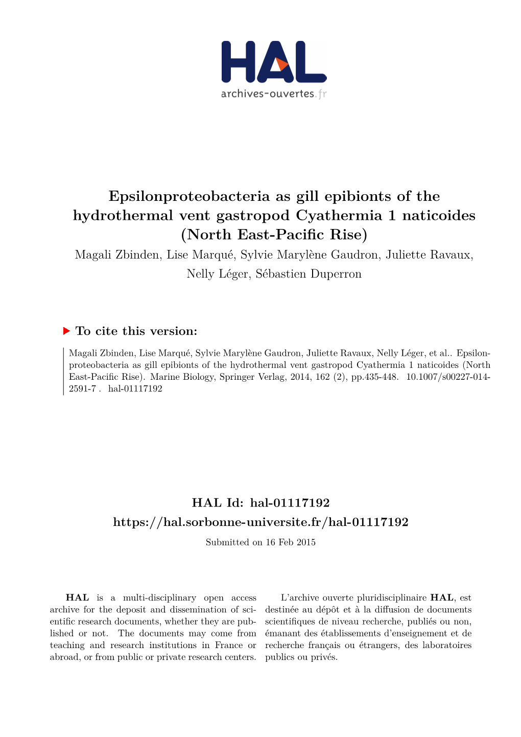 Epsilonproteobacteria As Gill Epibionts of The