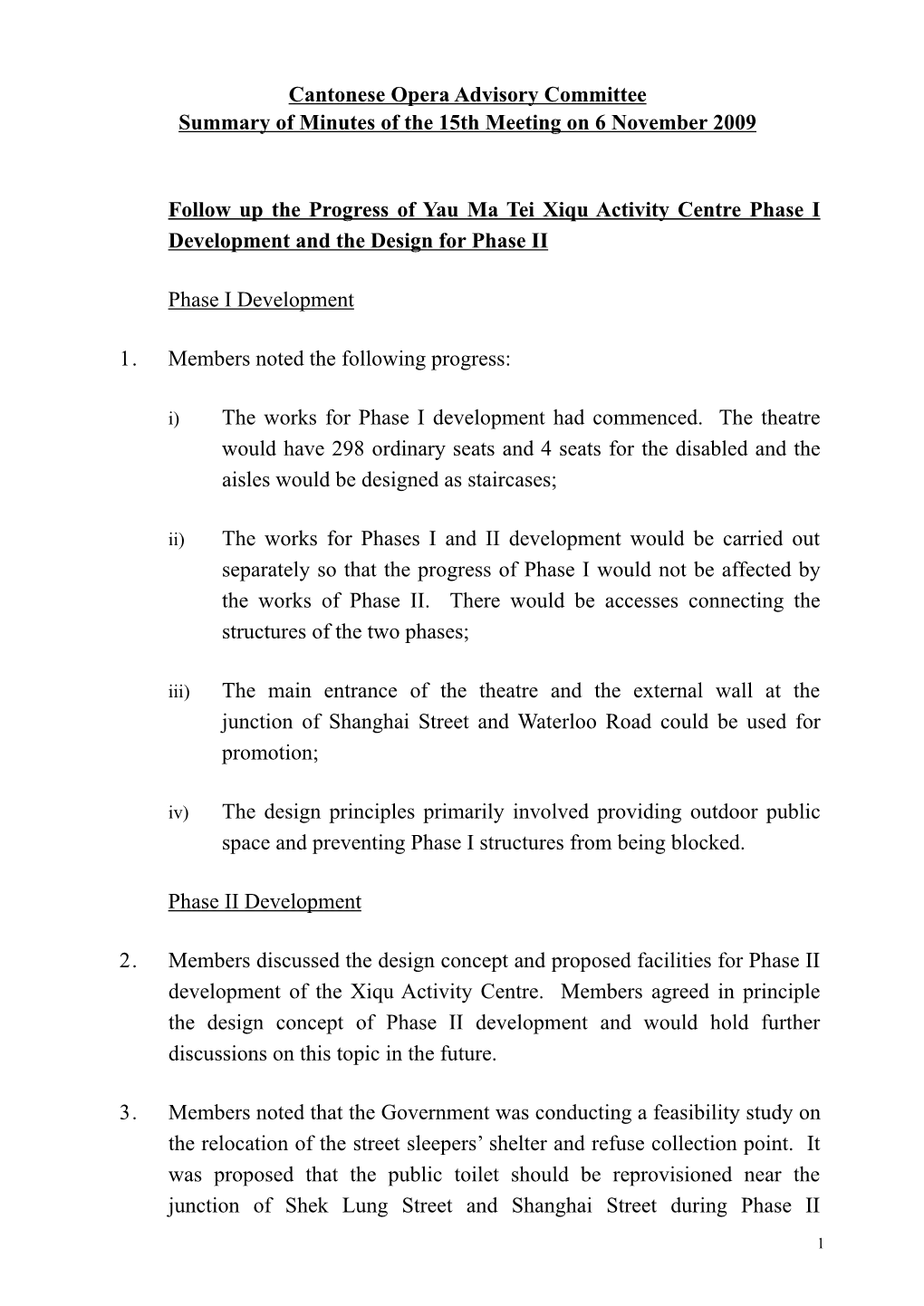 Summary of Minutes of the 15Th Meeting on 6 November 2009