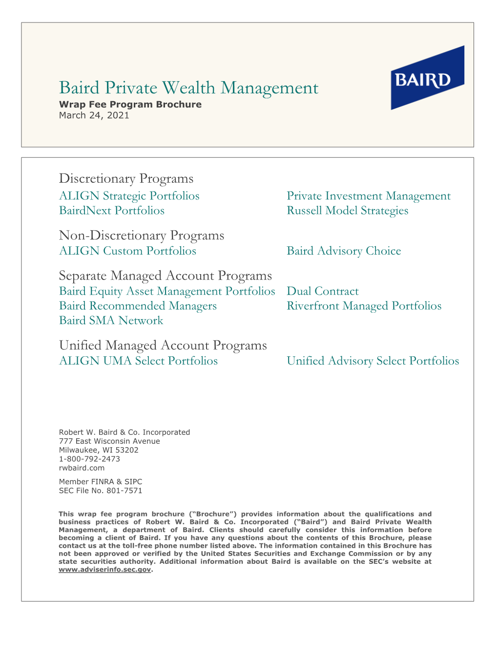 Baird Private Wealth Management Wrap Fee Program Brochure March 24, 2021