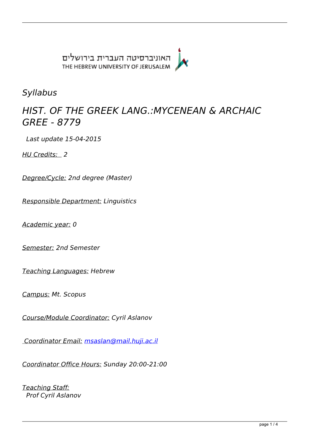 Syllabus HIST. of the GREEK LANG.:MYCENEAN & ARCHAIC GREE - 8779