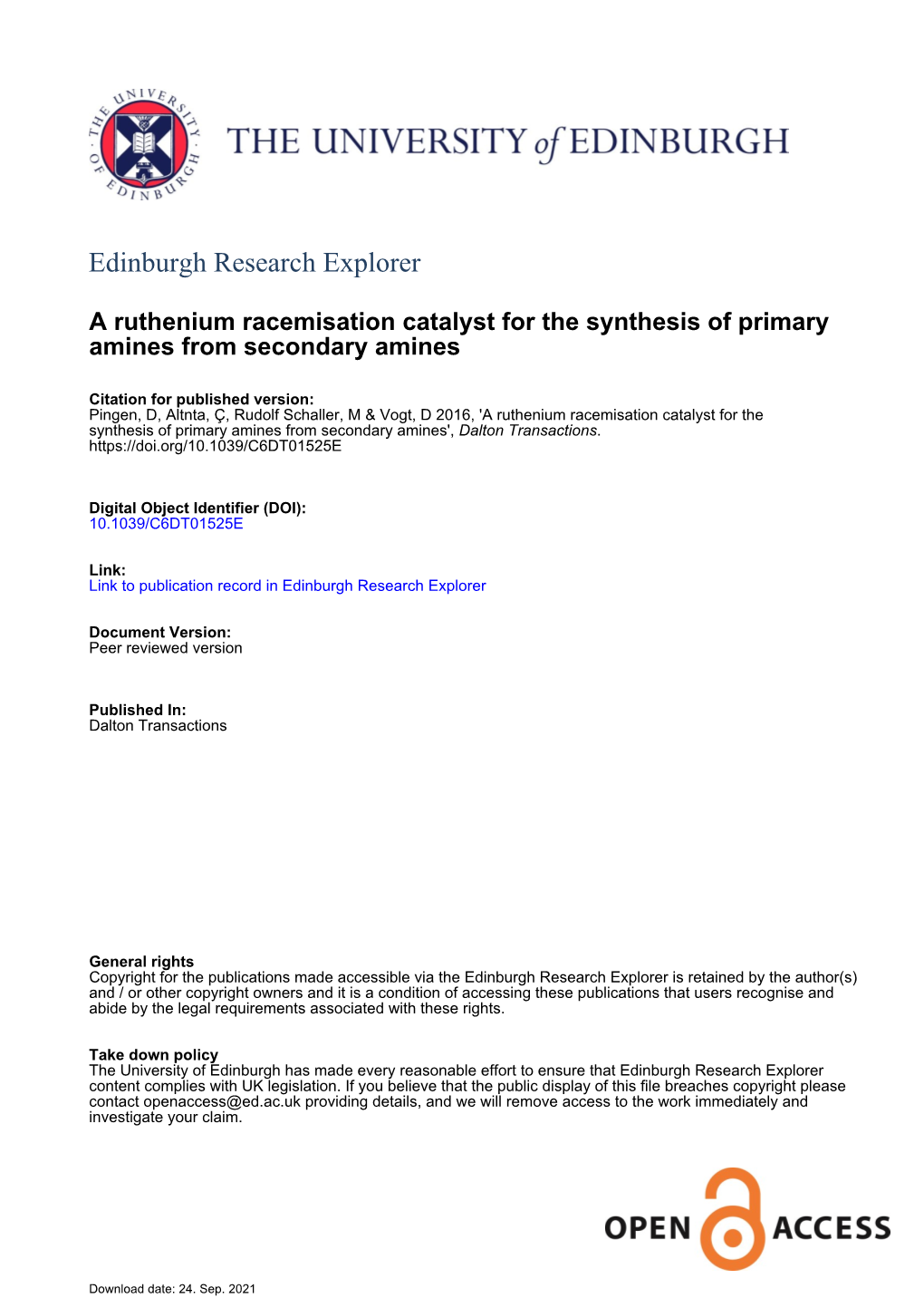 A Ruthenium Racemisation Catalyst for the Synthesis of Primary Amines from Secondary Amines