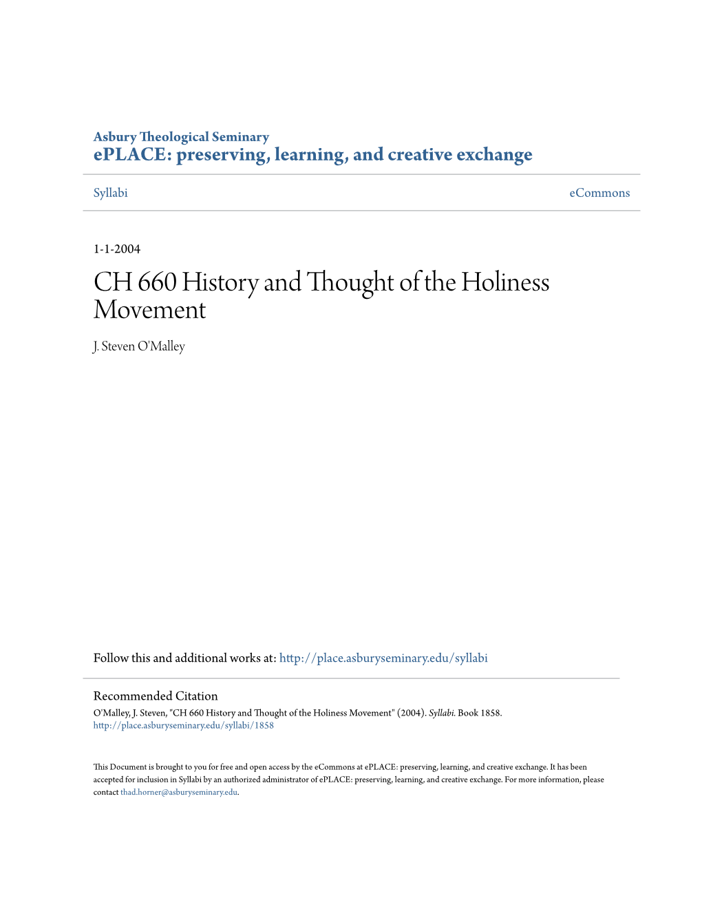 CH 660 History and Thought of the Holiness Movement J