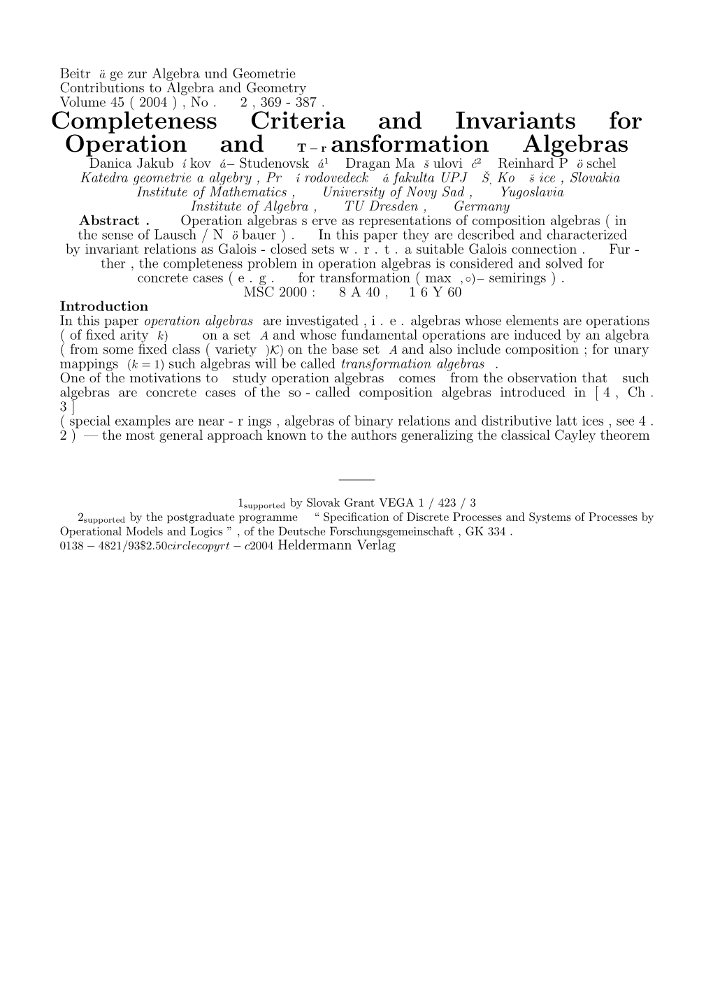 R Ansformation Algebras