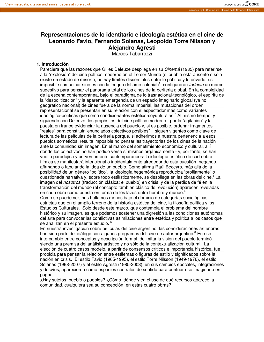 Representaciones De Lo Identitario E Ideología Estética En El Cine De Leonardo Favio, Fernando Solanas, Leopoldo Torre Nilsson Y Alejandro Agresti Marcos Tabarrozzi