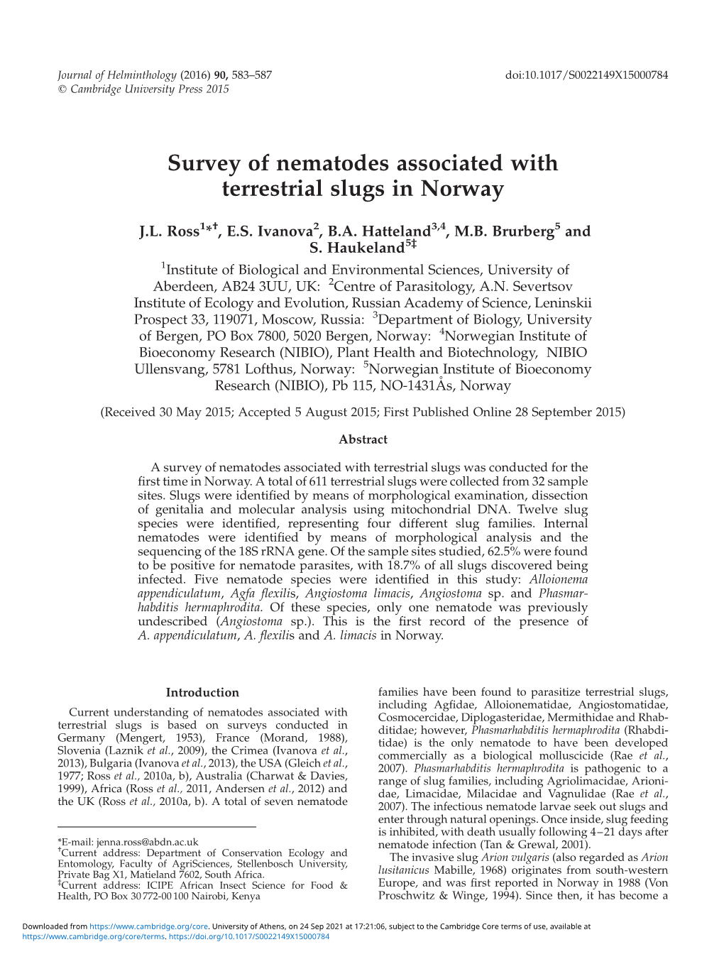 Survey of Nematodes Associated with Terrestrial Slugs in Norway