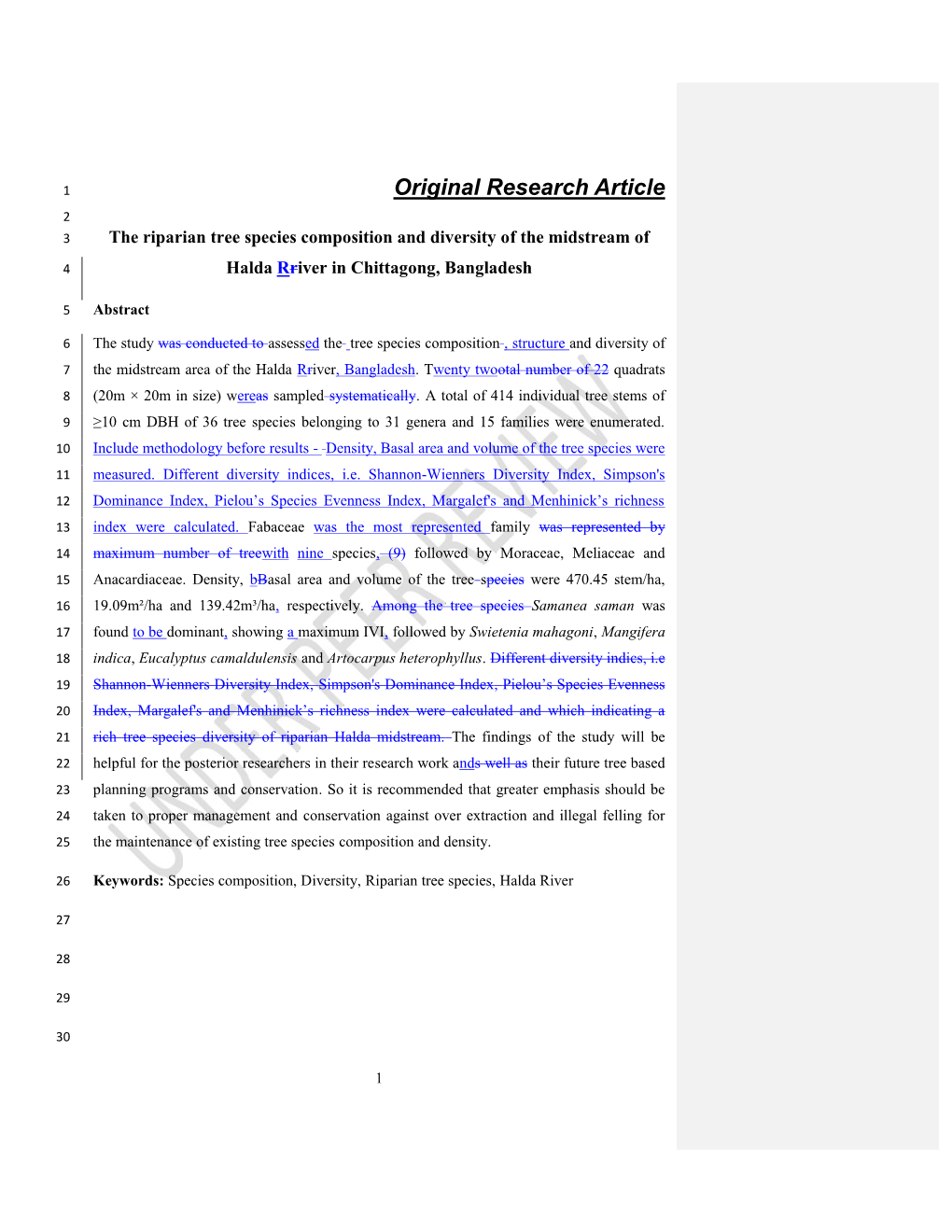 Original Research Article 2 3 the Riparian Tree Species Composition and Diversity of the Midstream Of