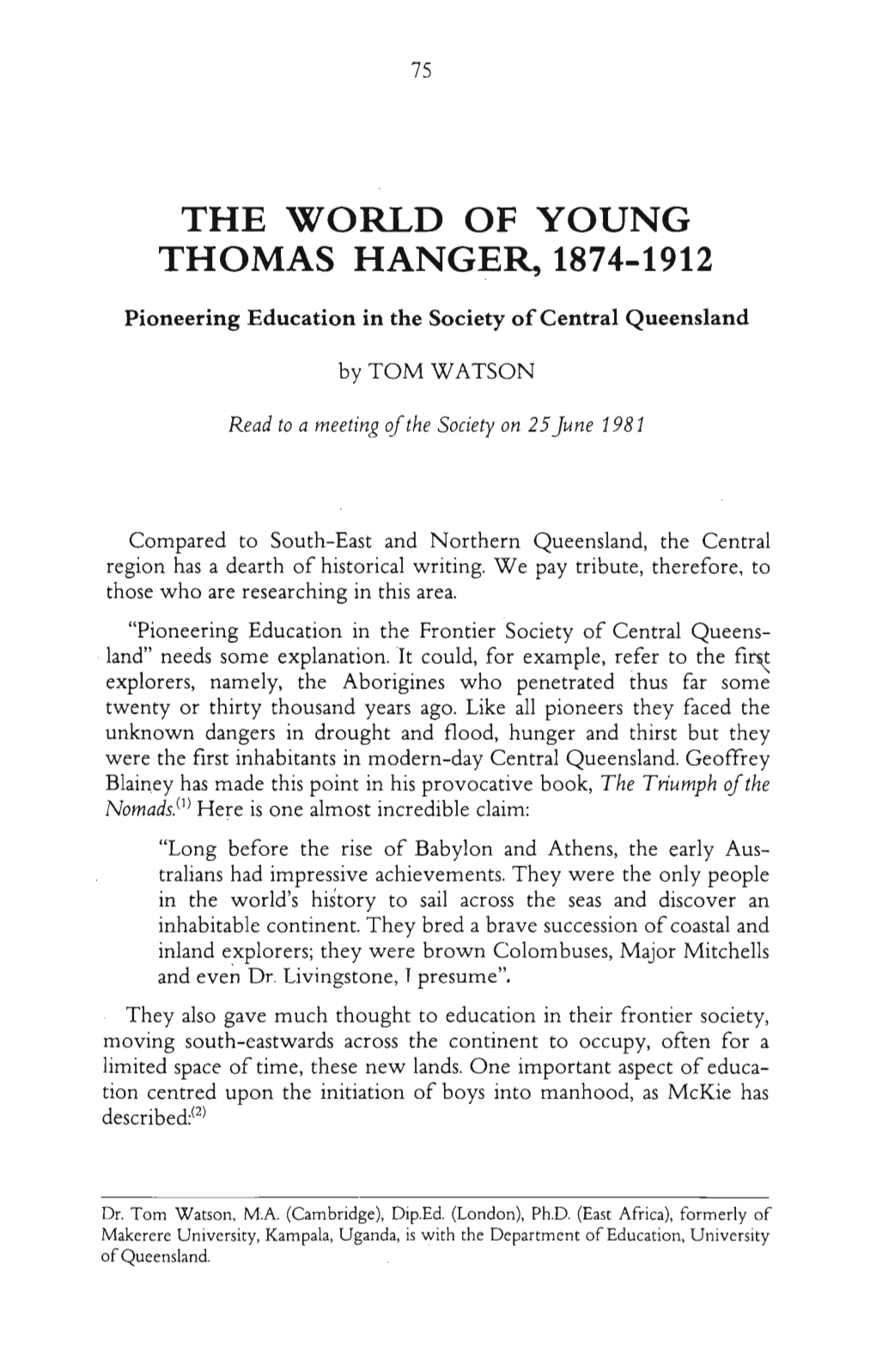 The World of Young Thomas Hanger, 1874-1912
