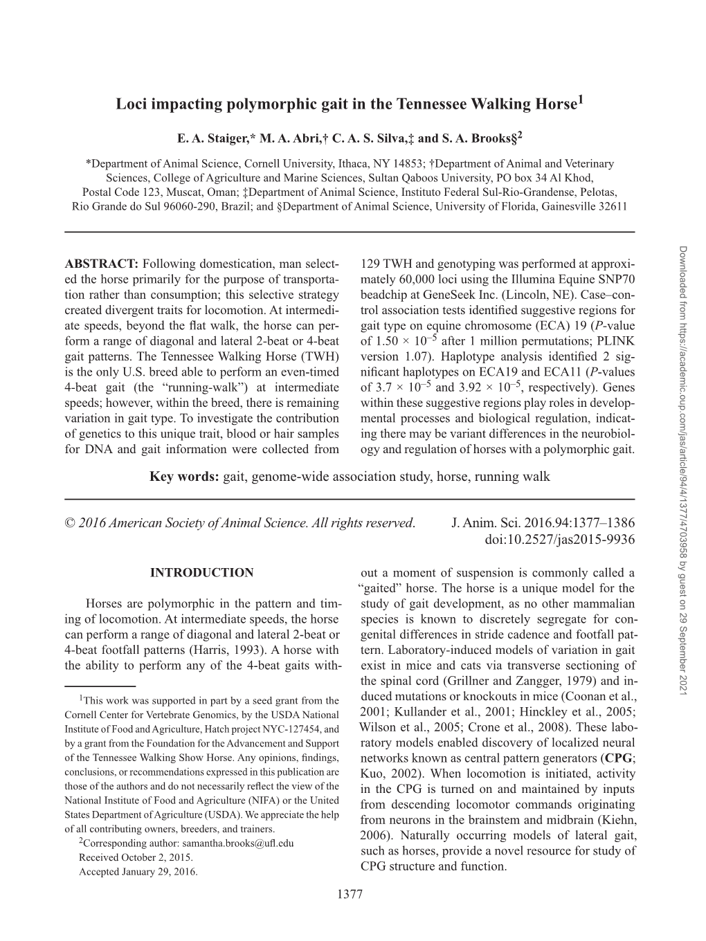 Loci Impacting Polymorphic Gait in the Tennessee Walking Horse1