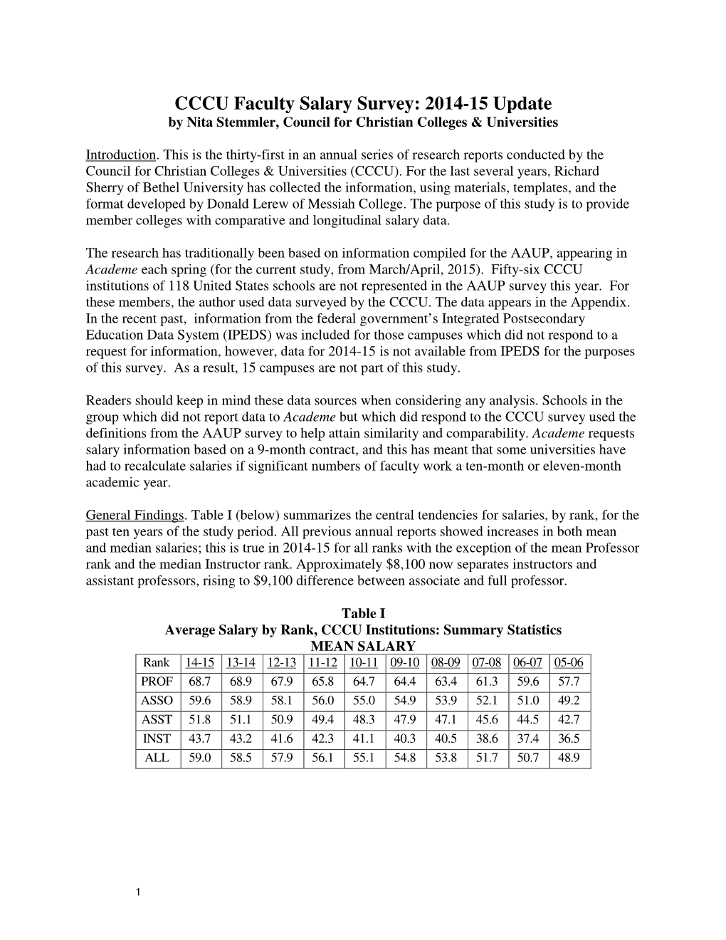 CCCU Faculty Salary Survey: 2014-15 Update by Nita Stemmler, Council for Christian Colleges & Universities