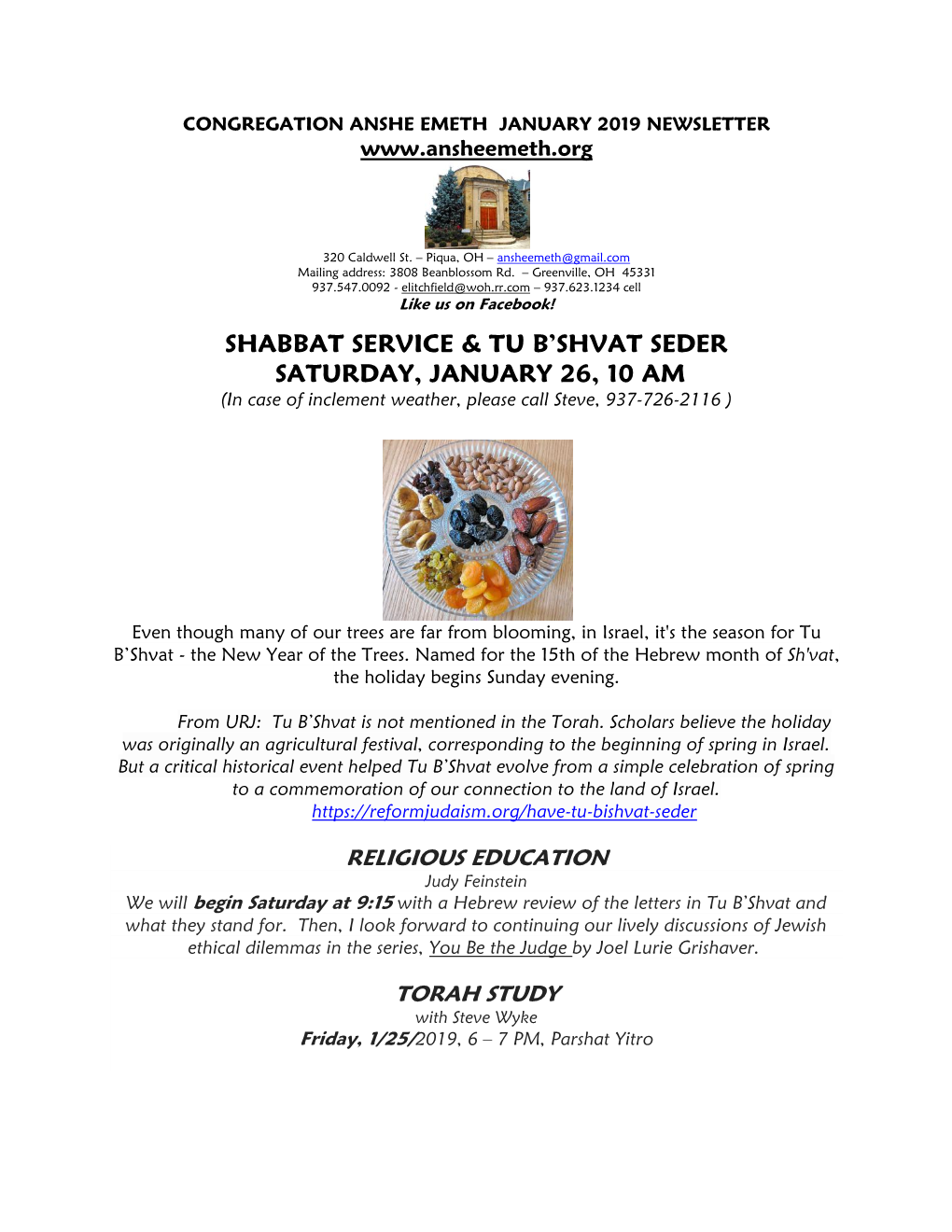 Shabbat Service & Tu B'shvat Seder Saturday, January 26, 10 Am