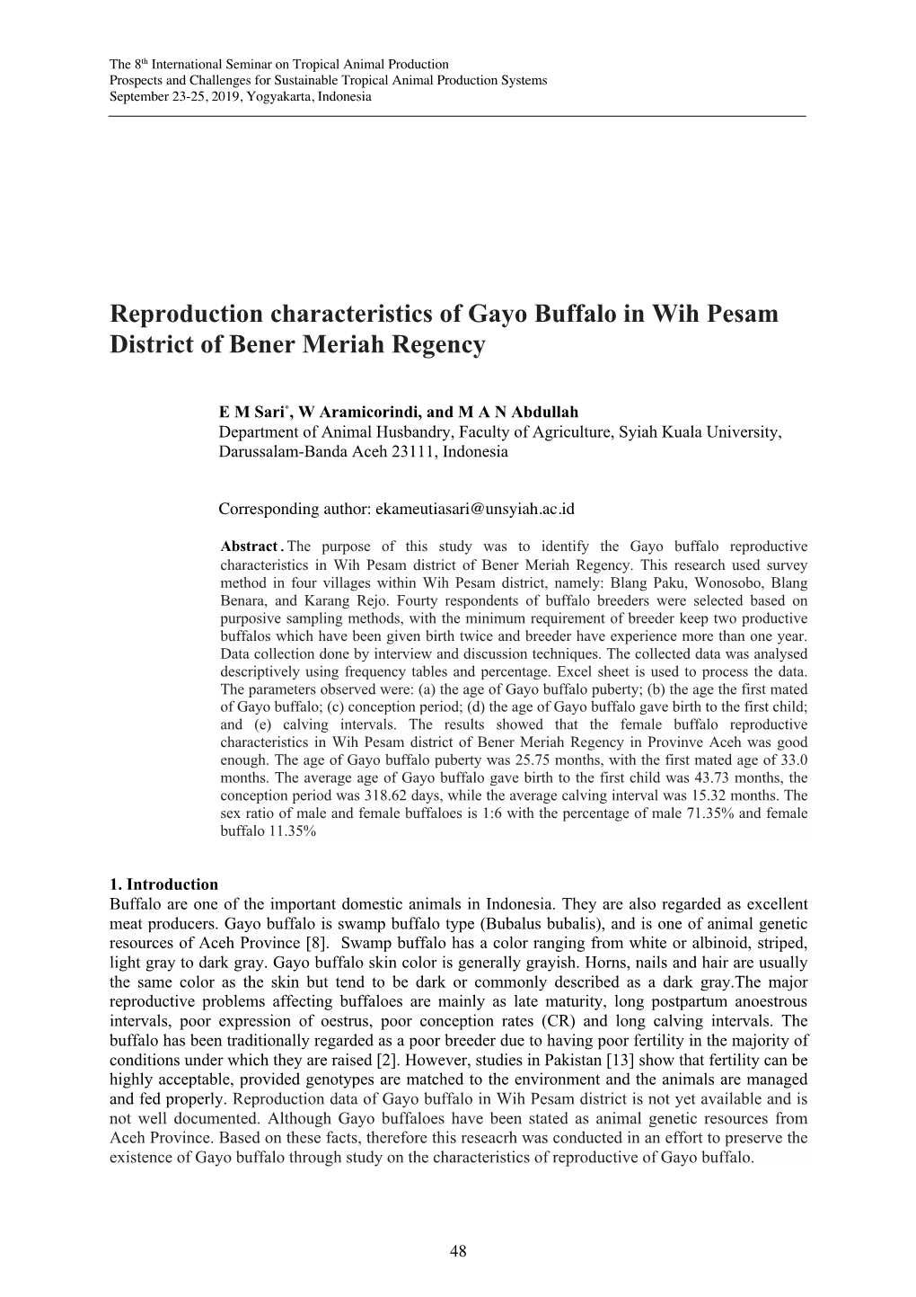 Reproduction Characteristics of Gayo Buffalo in Wih Pesam District of Bener Meriah Regency