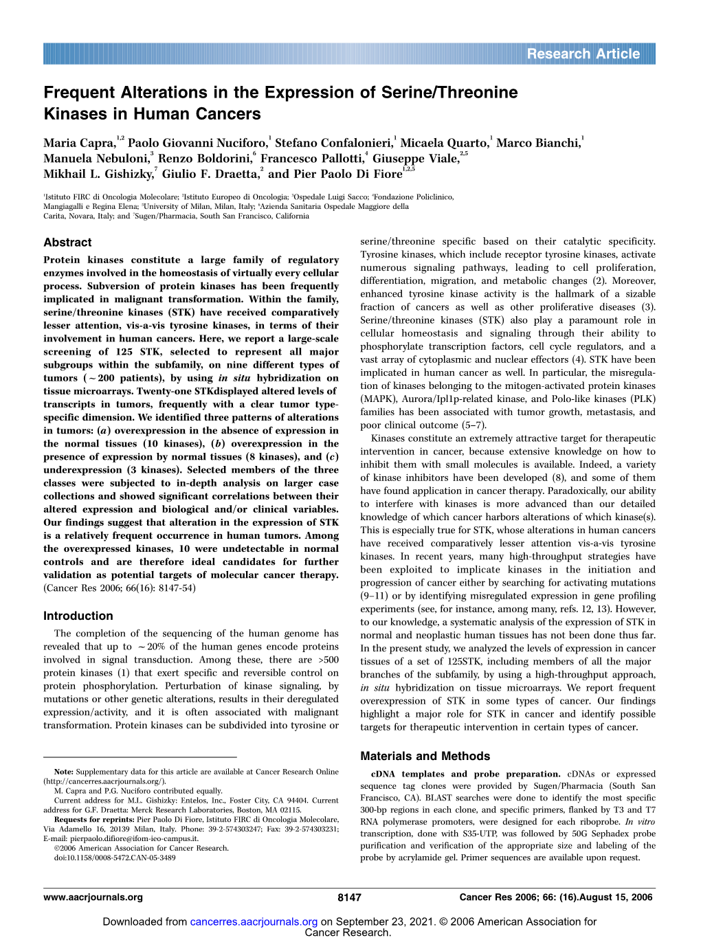 Frequent Alterations in the Expression of Serine/Threonine Kinases In