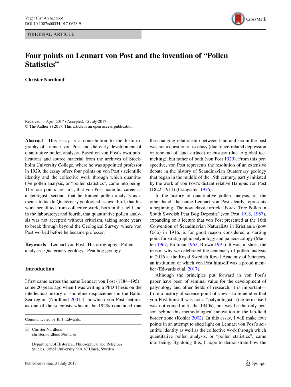 Four Points on Lennart Von Post and the Invention of “Pollen Statistics”