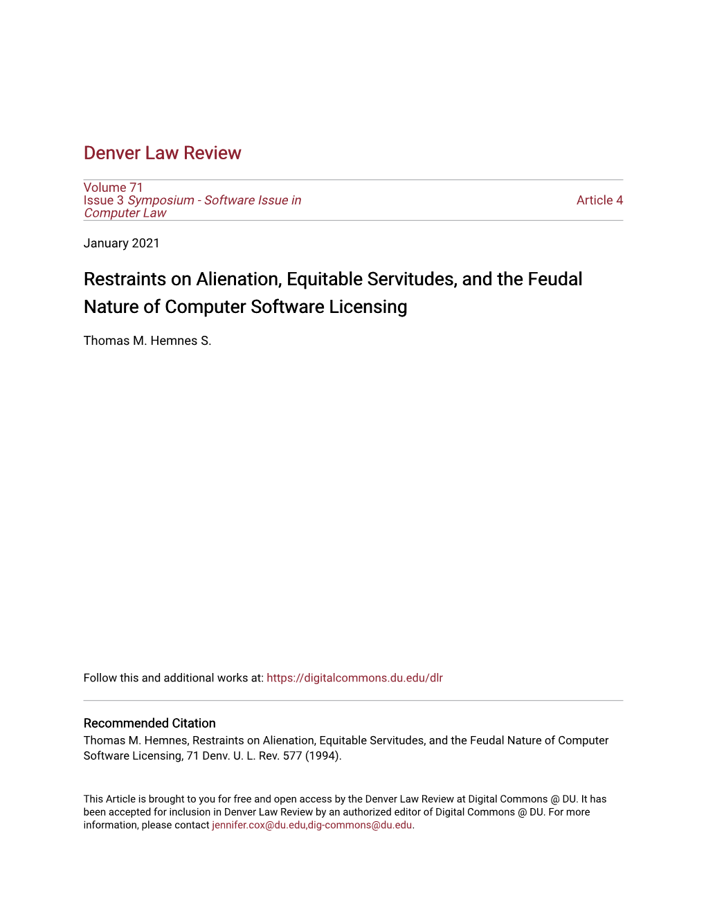 Restraints on Alienation, Equitable Servitudes, and the Feudal Nature of Computer Software Licensing