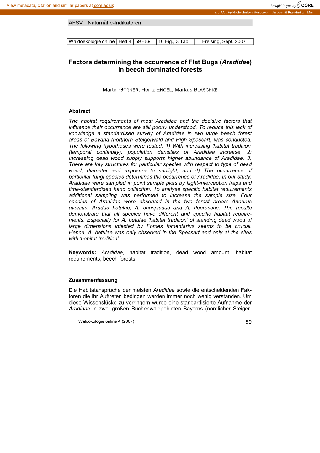 Factors Determining the Occurrence of Flat Bugs (Aradidae) in Beech Dominated Forests