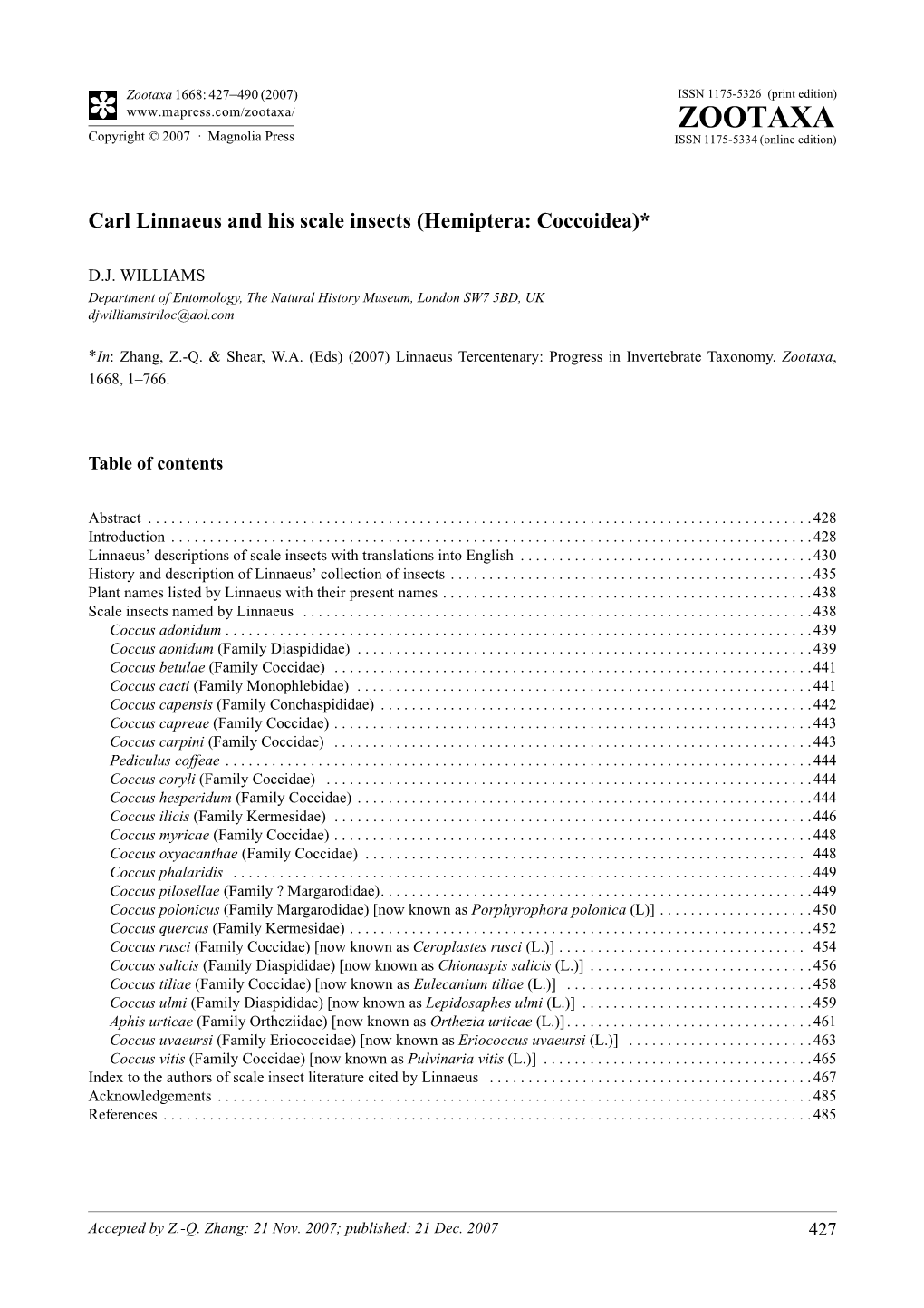 Zootaxa,Carl Linnaeus and His Scale Insects