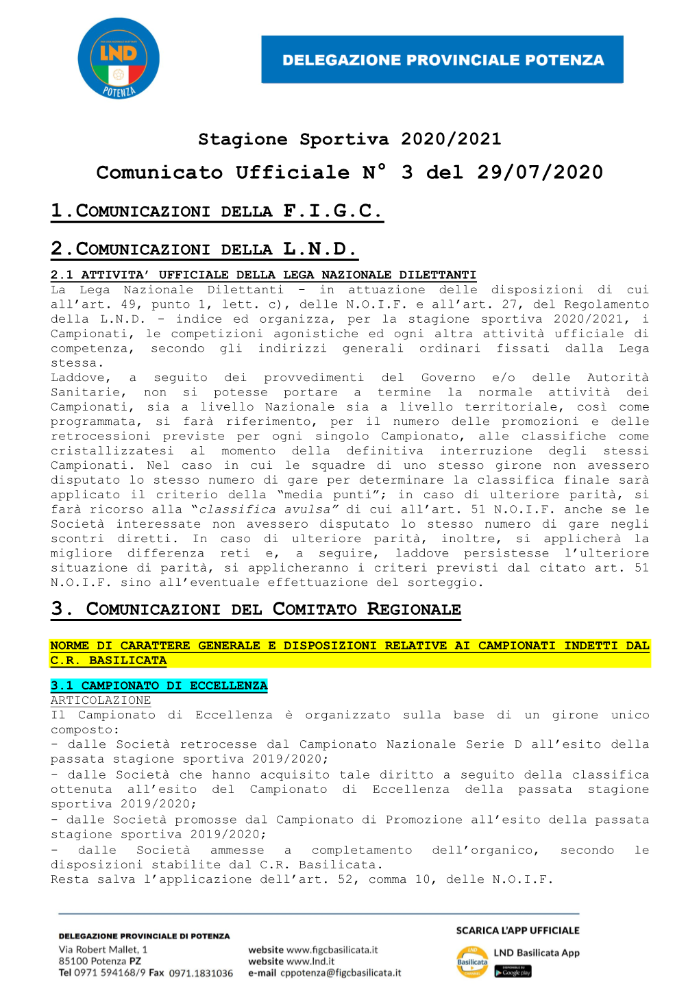 Comunicato Ufficiale N° 3 Del 29/07/2020