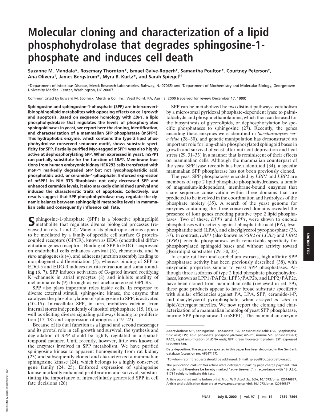 Molecular Cloning and Characterization of a Lipid Phosphohydrolase That Degrades Sphingosine-1- Phosphate and Induces Cell Death