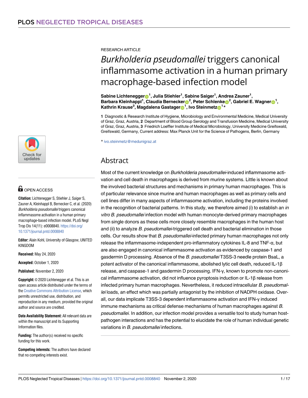 Burkholderia Pseudomallei Triggers Canonical Inflammasome Activation in a Human Primary Macrophage-Based Infection Model