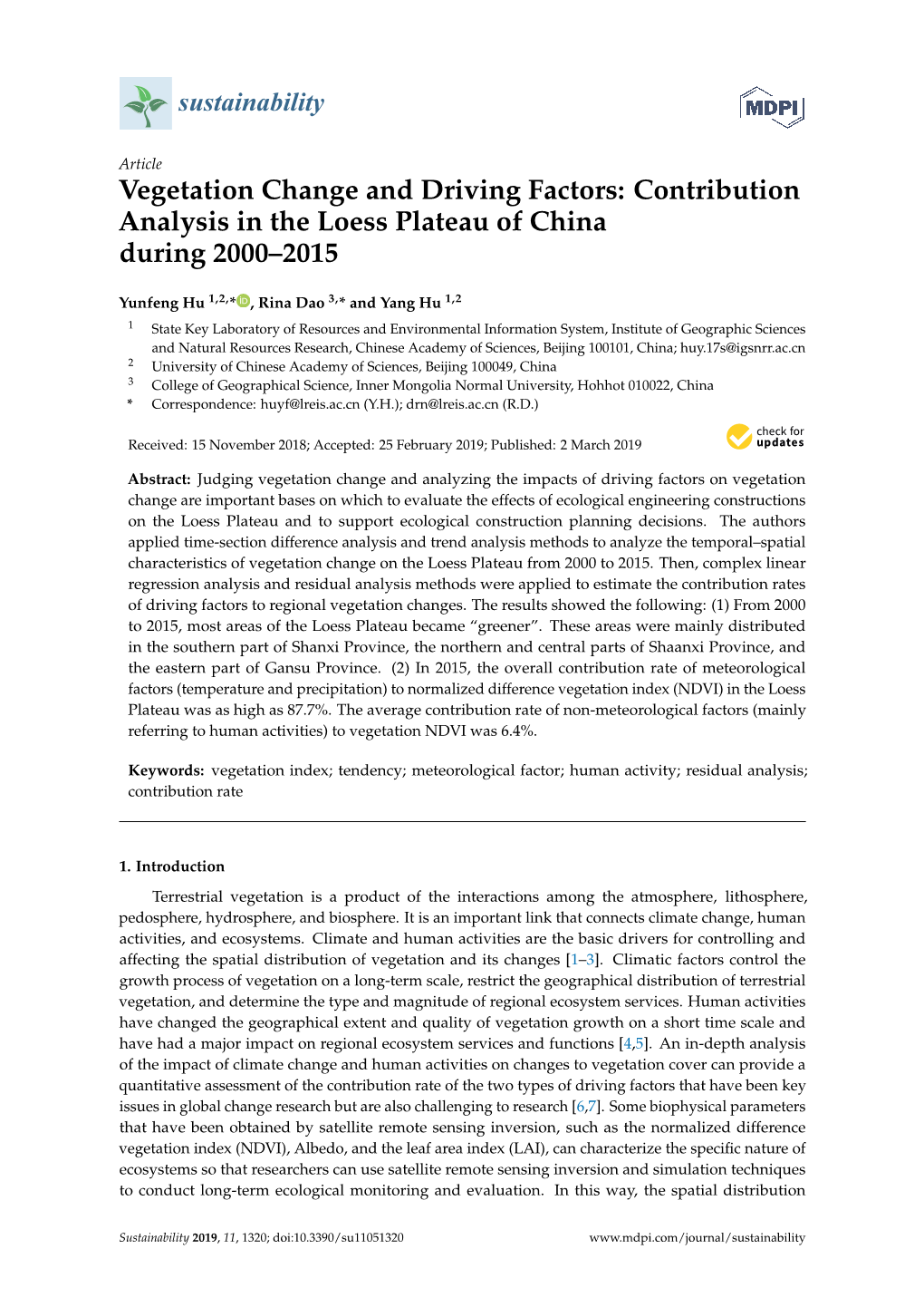 Contribution Analysis in the Loess Plateau of China During 2000–2015