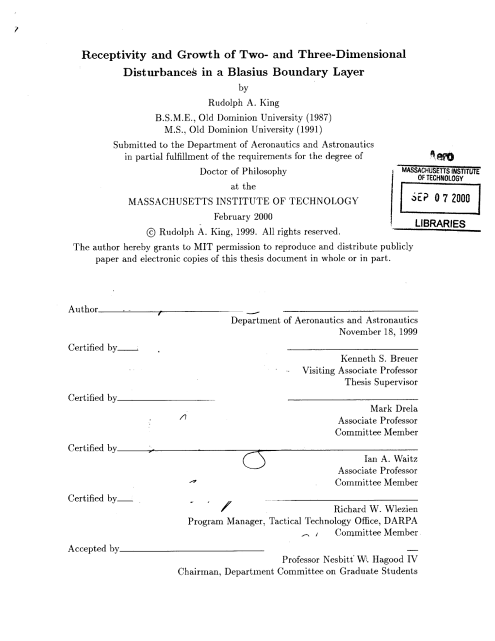 And Three-Dimensional Disturbances in a Blasius Boundary Layer 0 7 2000