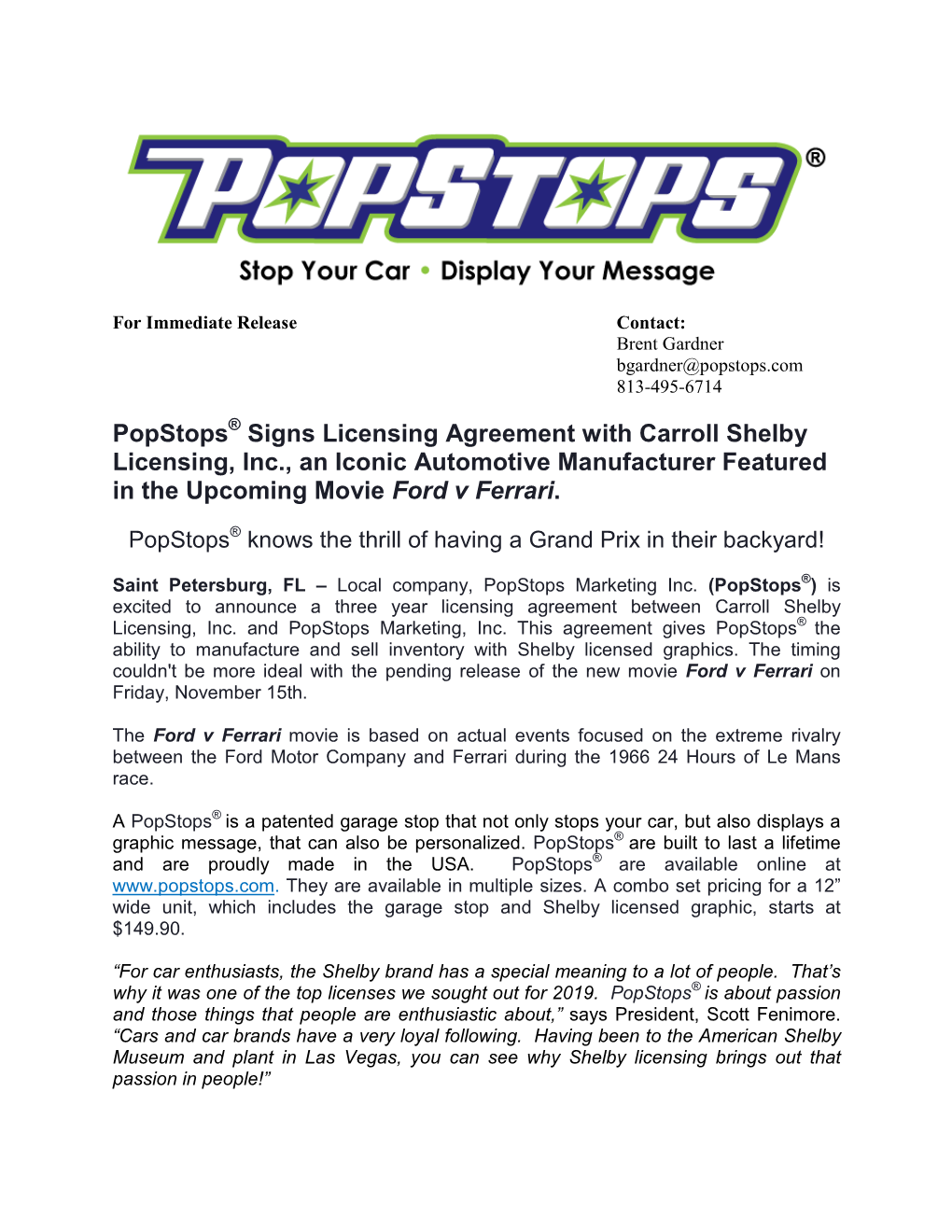 Popstops® Signs Licensing Agreement with Carroll Shelby Licensing, Inc., an Iconic Automotive Manufacturer Featured in the Upcoming Movie Ford V Ferrari