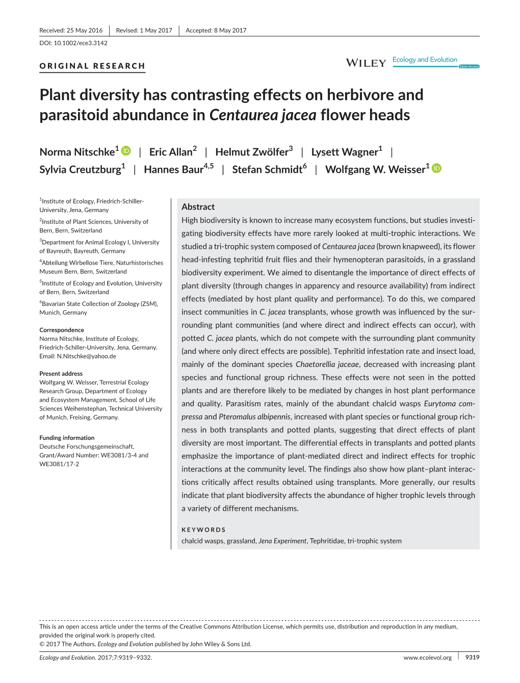 Plant Diversity Has Contrasting Effects on Herbivore and Parasitoid Abundance in Centaurea Jacea Flower Heads