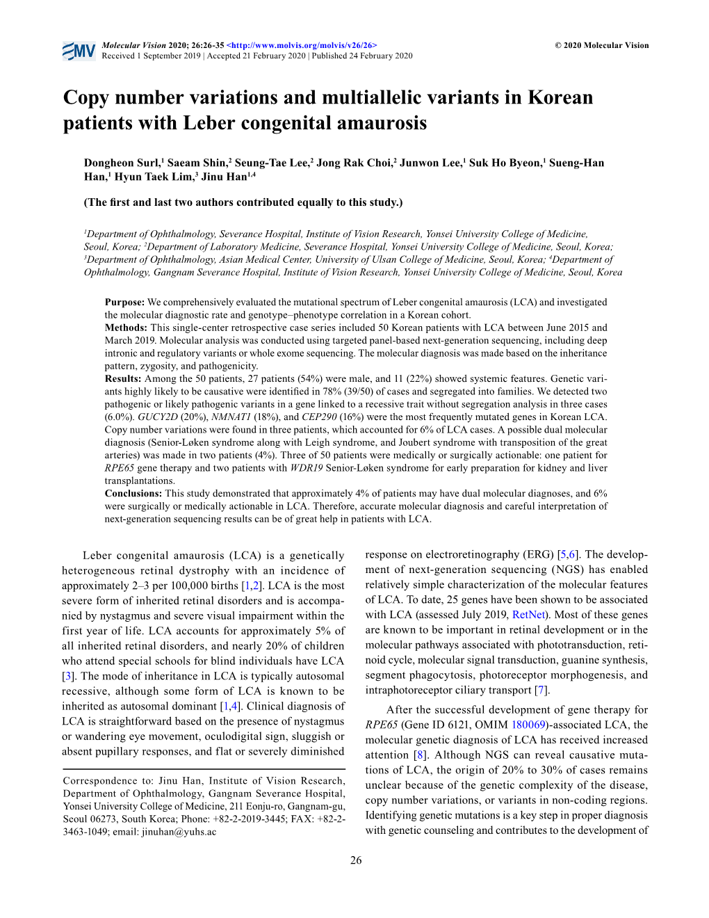 Copy Number Variations and Multiallelic Variants in Korean Patients with Leber Congenital Amaurosis