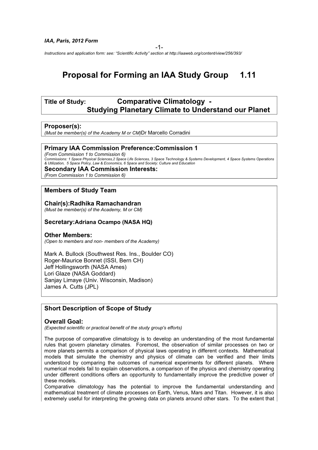 Proposal for Forming an IAA Study Group 1.11