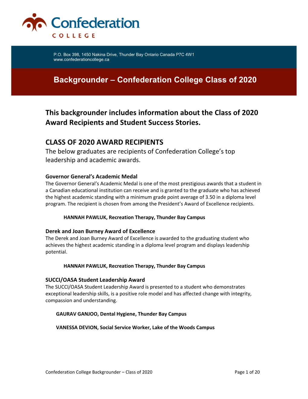 This Backgrounder Includes Information About the Class of 2020 Award Recipients and Student Success Stories