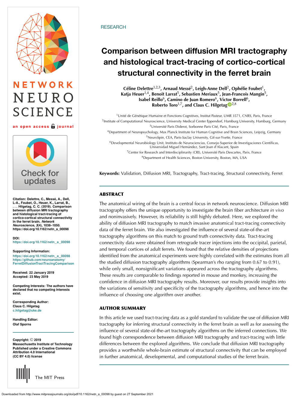 Comparison Between Diffusion MRI Tractography and Histological Tract-Tracing of Cortico-Cortical Structural Connectivity in the Ferret Brain