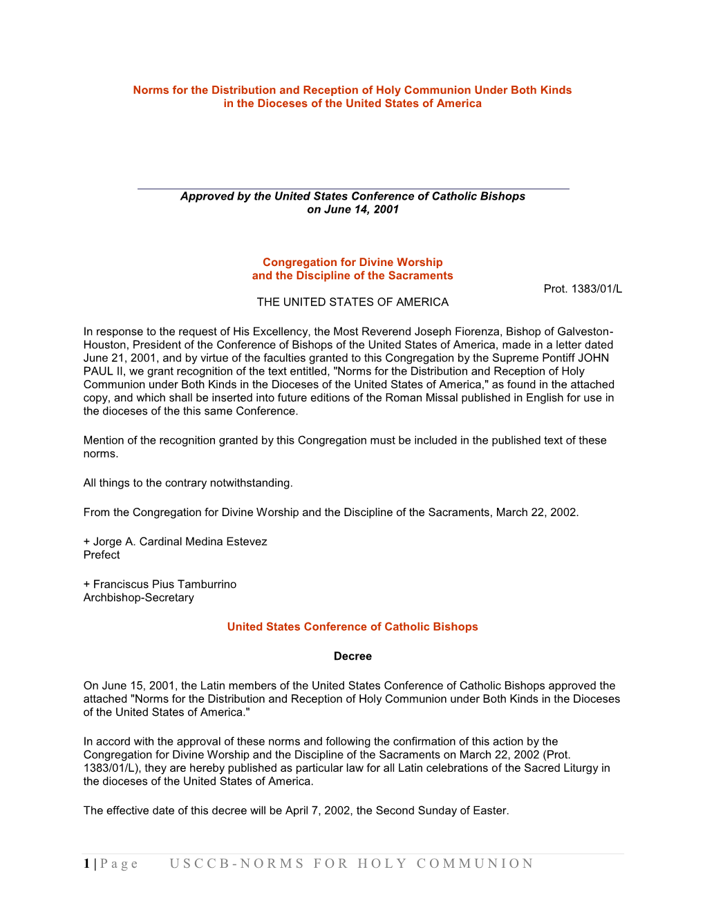 Norms for the Distribution and Reception of Holy Communion Under Both Kinds in the Dioceses of the United States of America