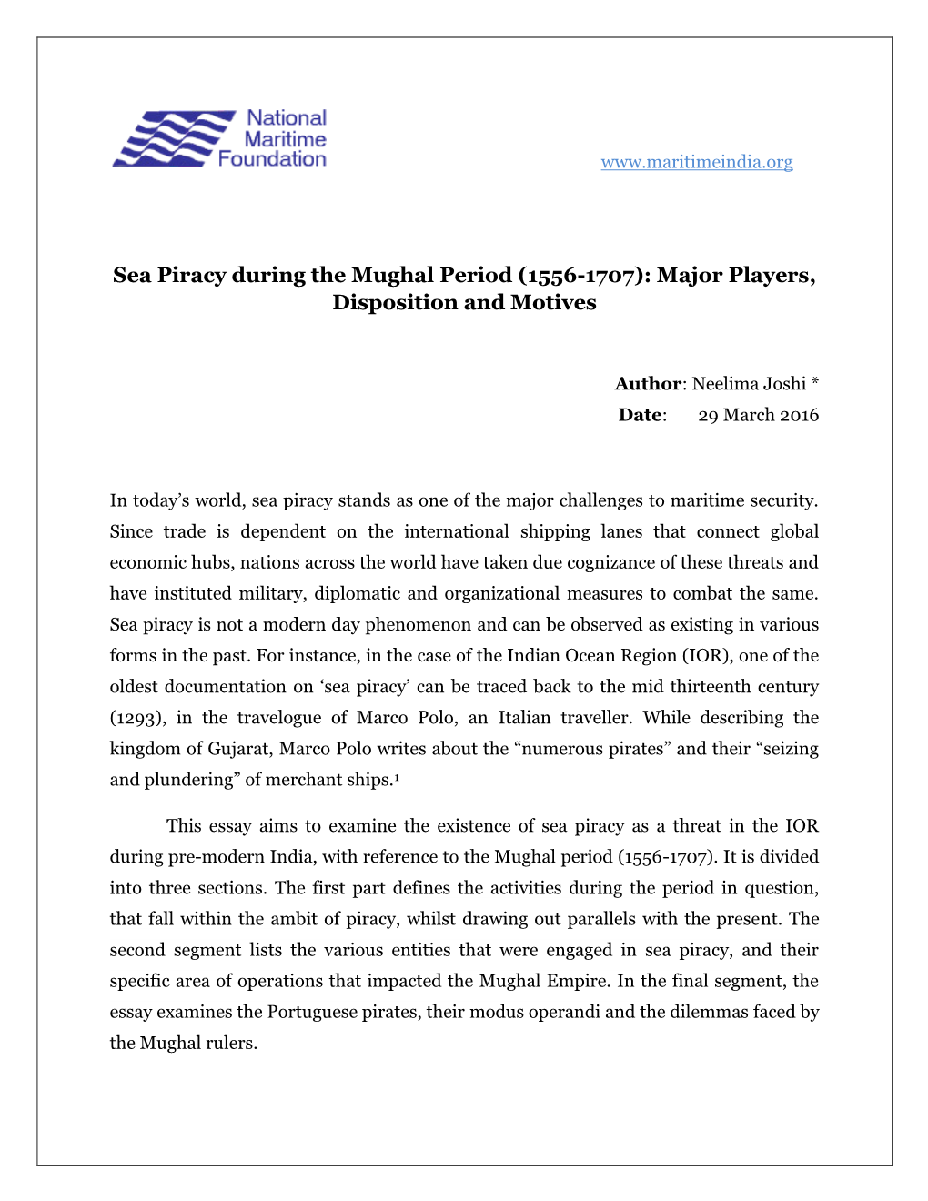 Sea Piracy During the Mughal Period (1556-1707): Major Players, Disposition and Motives