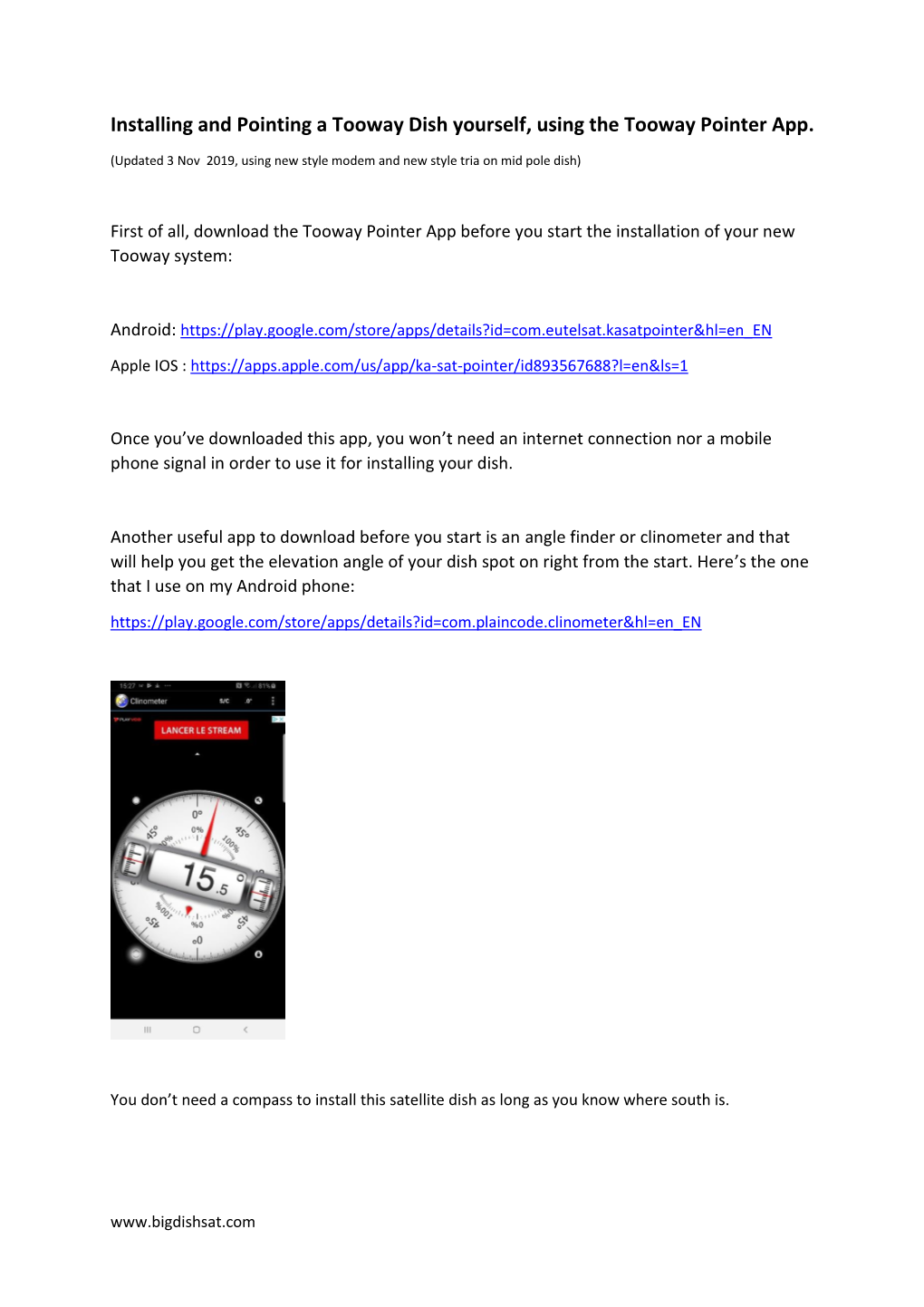 Installing and Pointing a Tooway Dish Yourself, Using the Tooway Pointer App