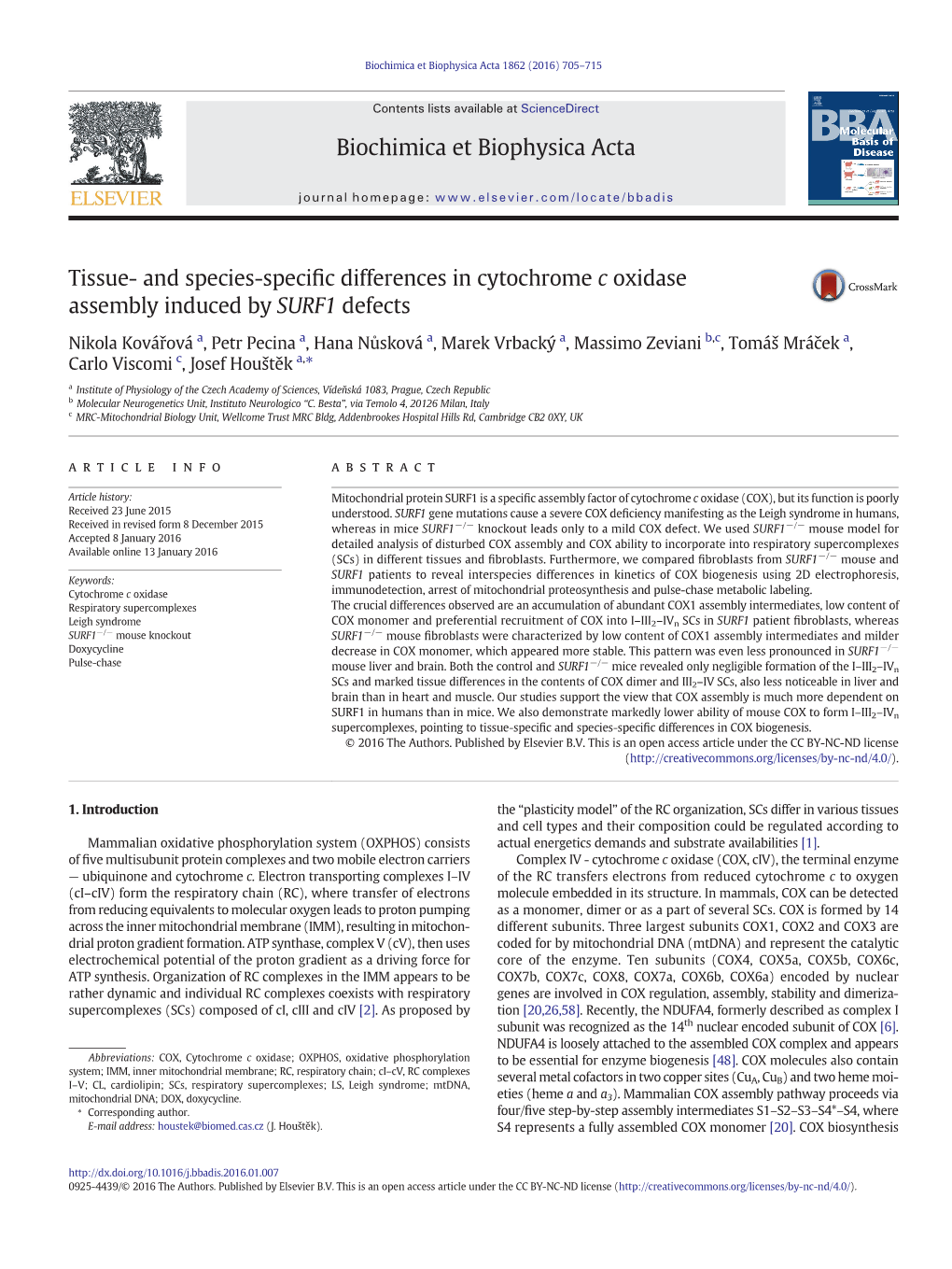 And Species-Specific Differences in Cytochrome C Oxidase Assembly