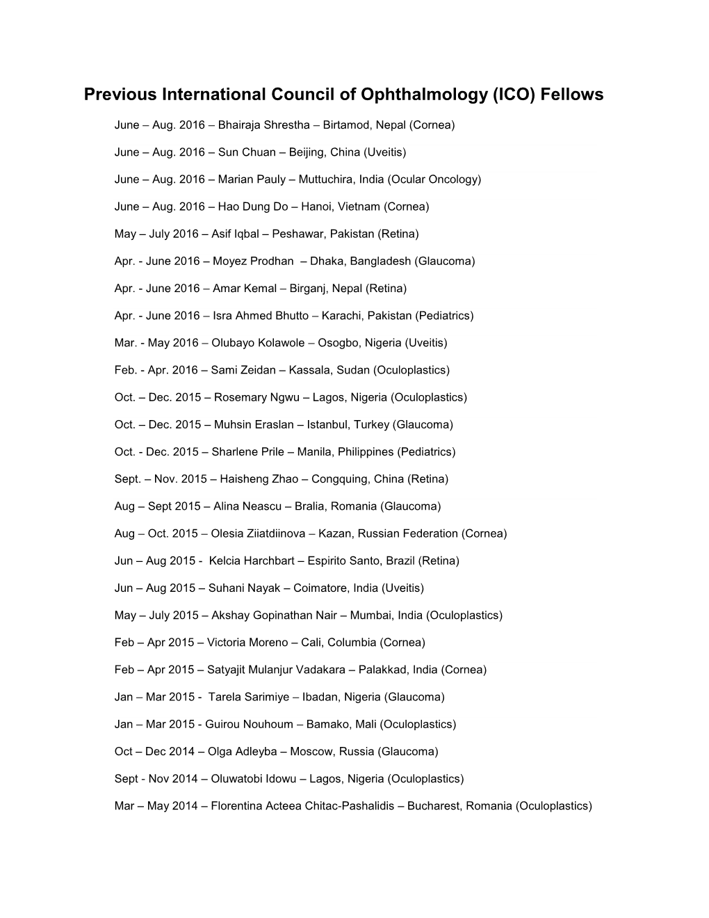 Previous International Council of Ophthalmology (ICO) Fellows