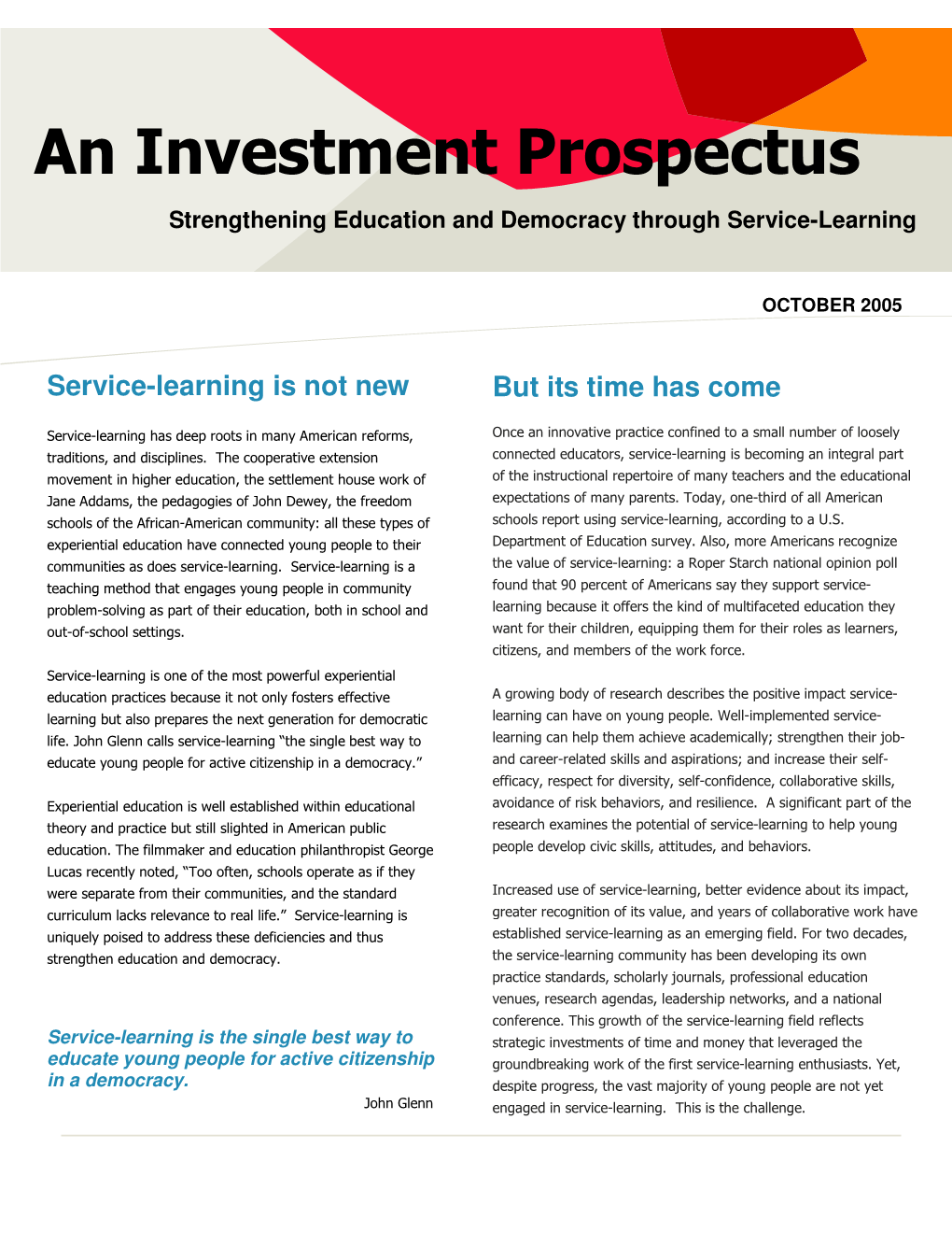 An Investment Prospectus Strengthening Education and Democracy Through Service-Learning