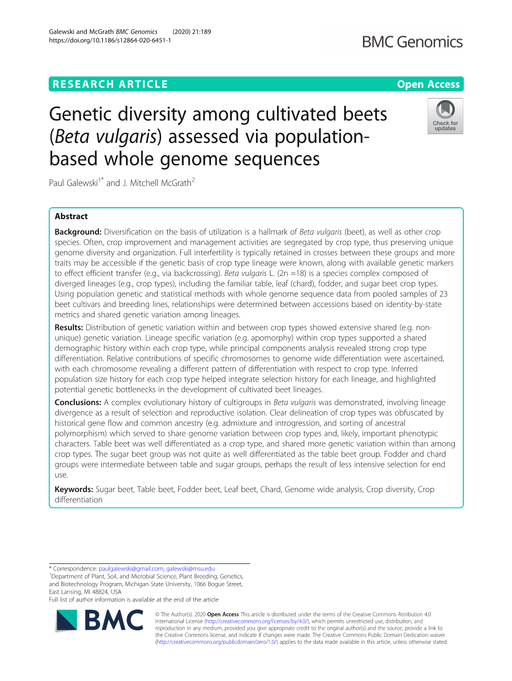 Genetic Diversity Among Cultivated Beets (Beta Vulgaris) Assessed Via Population- Based Whole Genome Sequences Paul Galewski1* and J