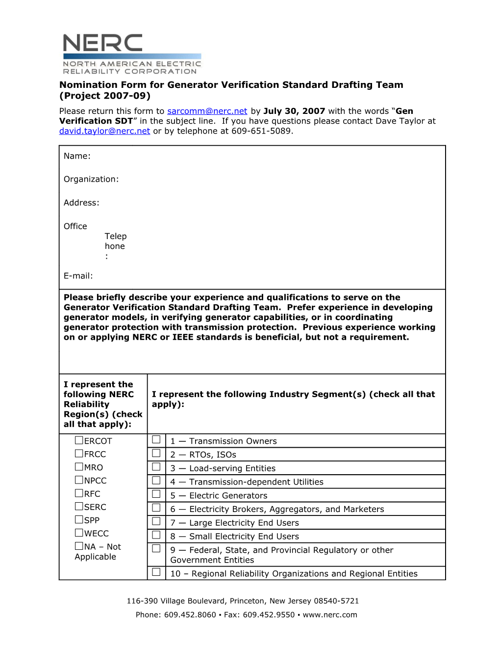 Subject Matter Expert Self-Nomination Form for Standard Drafting Team s2