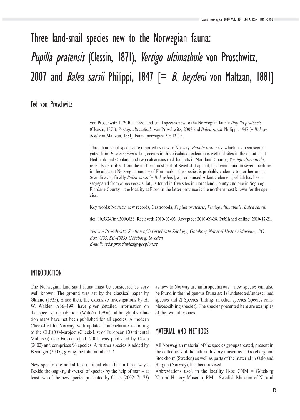 Pupilla Pratensis (Clessin, 1871), Vertigo Ultimathule Von Proschwitz, 2007 and Balea Sarsii Philippi, 1847 [= B