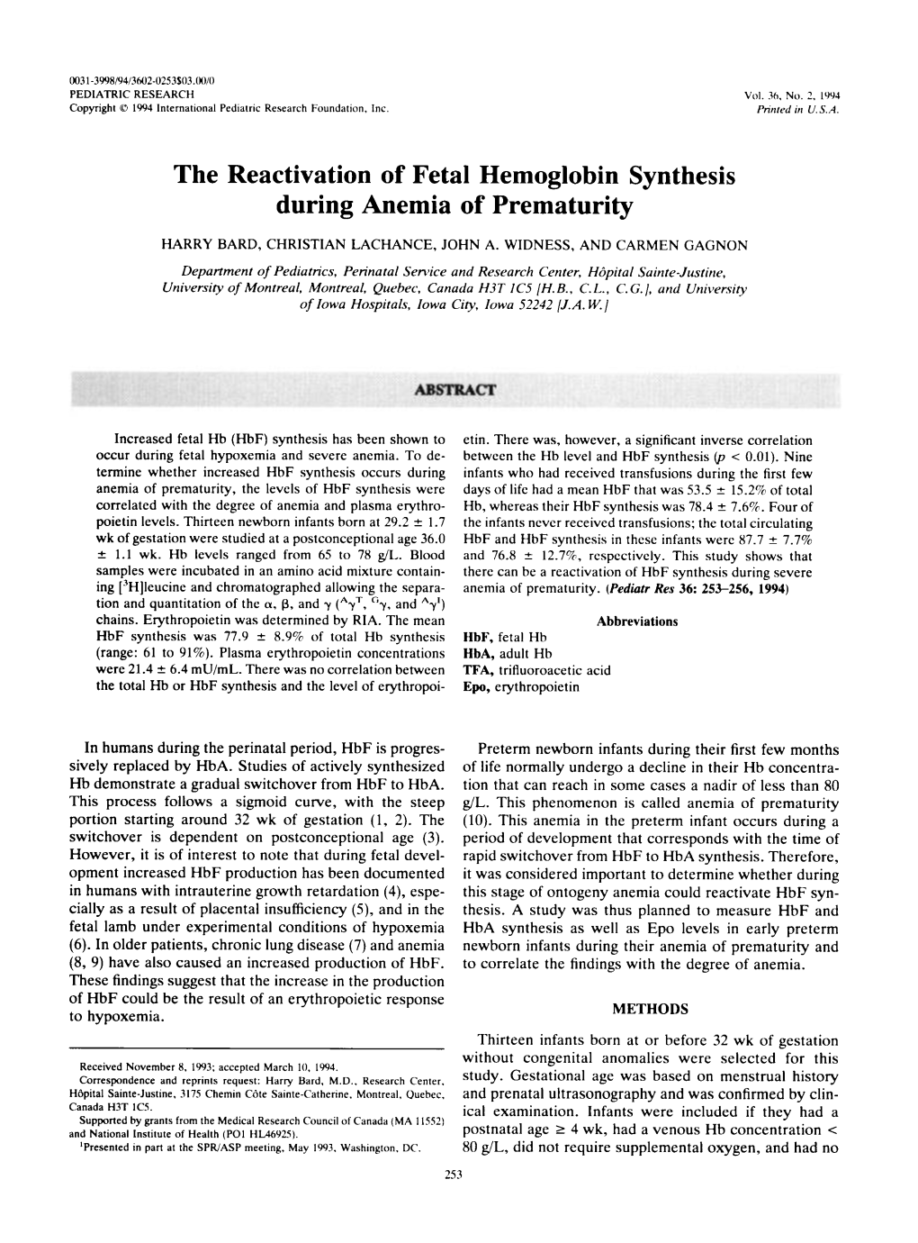 The Reactivation of Fetal Hemoglobin Synthesis During Anemia of Prematurity