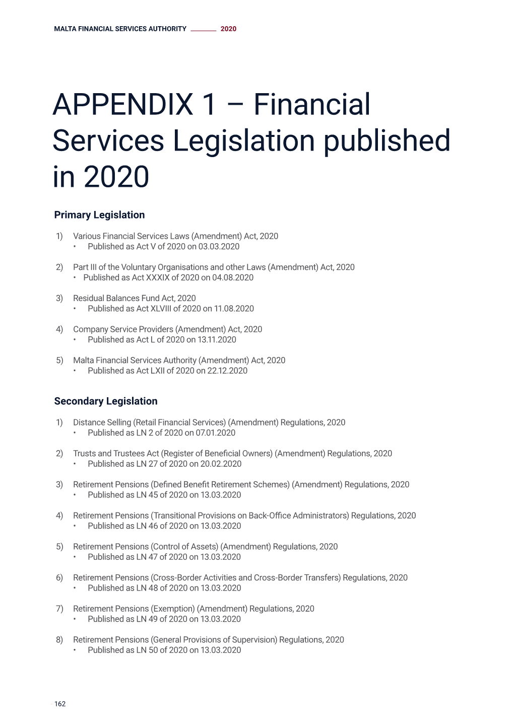 APPENDIX 1 – Financial Services Legislation Published in 2020