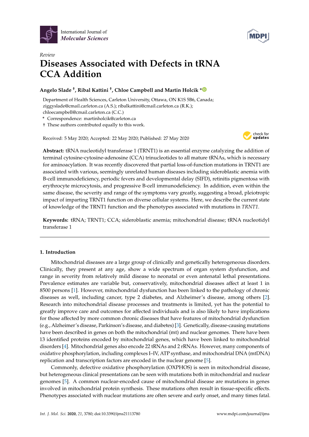 Diseases Associated with Defects in Trna CCA Addition