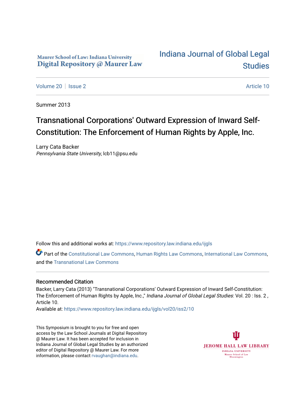 Transnational Corporations' Outward Expression of Inward Self- Constitution: the Enforcement of Human Rights by Apple, Inc