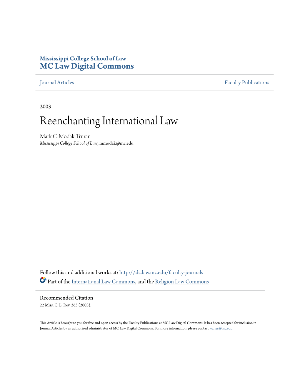 Reenchanting International Law Mark C