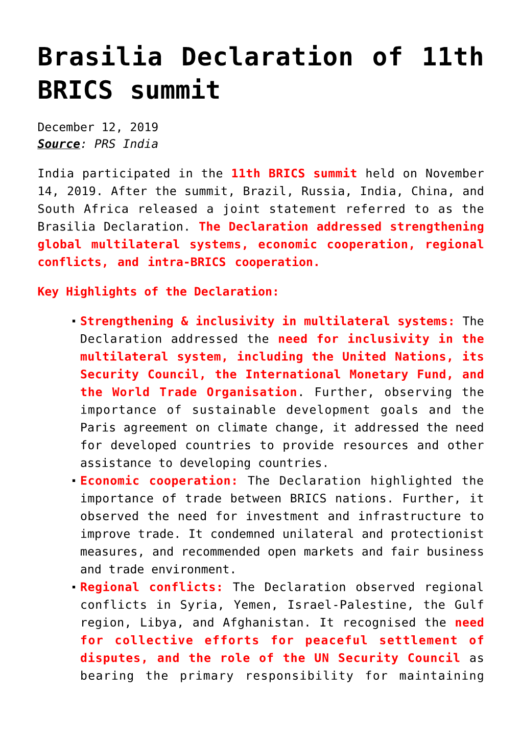 Brasilia Declaration of 11Th BRICS Summit