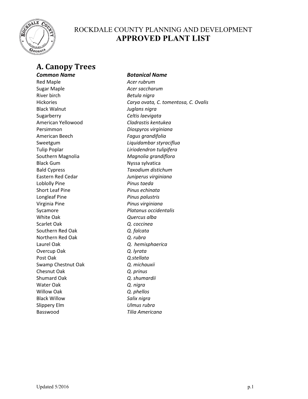 APPROVED PLANT LIST A. Canopy Trees