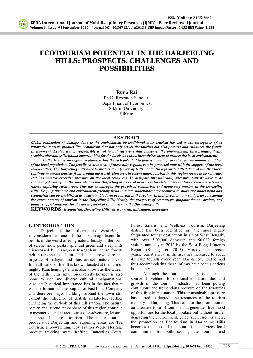 Ecotourism Potential in the Darjeeling Hills: Prospects, Challenges and Possibilities