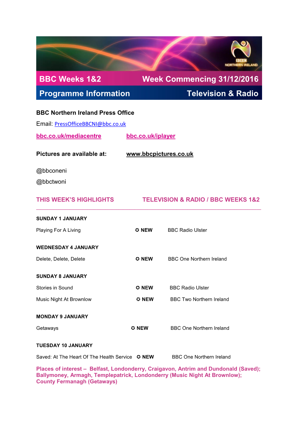 BBC Weeks 1&2 Programme Information Week Commencing 31
